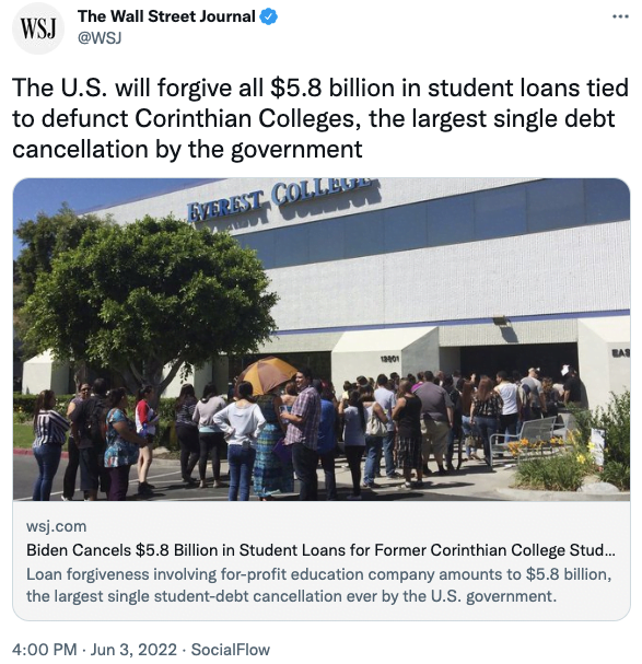The U.S. will forgive all $5.8 billion in student loans tied to defunct Corinthian Colleges