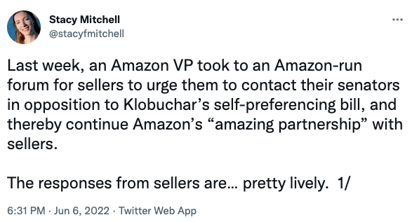 Last week, an Amazon VP took to an Amazon-run forum for sellers to urge them to contact their senators in opposition to Klobuchar’s self-preferencing bill
