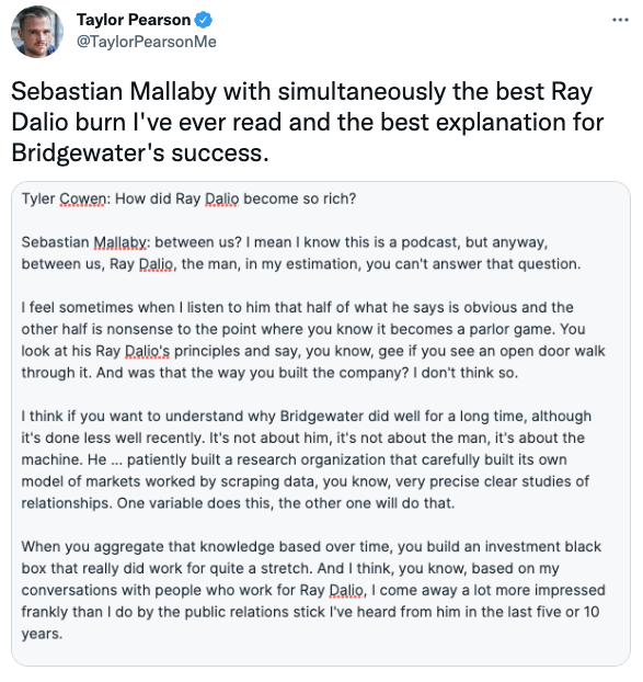 Sebastian Mallaby with simultaneously the best Ray Dalio burn I've ever read and the best explanation for Bridgewater's success.