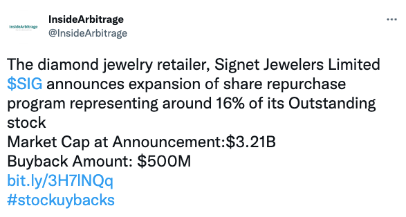 The diamond jewelry retailer, Signet Jewelers Limited $SIG announces expansion of share repurchase program representing around 16% of its Outstanding stock