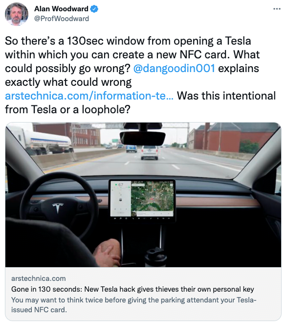 So there’s a 130sec window from opening a Tesla within which you can create a new NFC card.