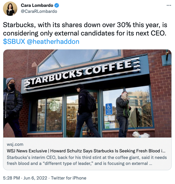 Starbucks, with its shares down over 30% this year, is considering only external candidates for its next CEO