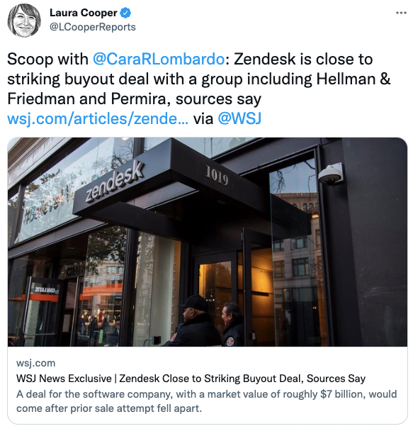 Zendesk is close to striking buyout deal with a group including Hellman & Friedman and Permira
