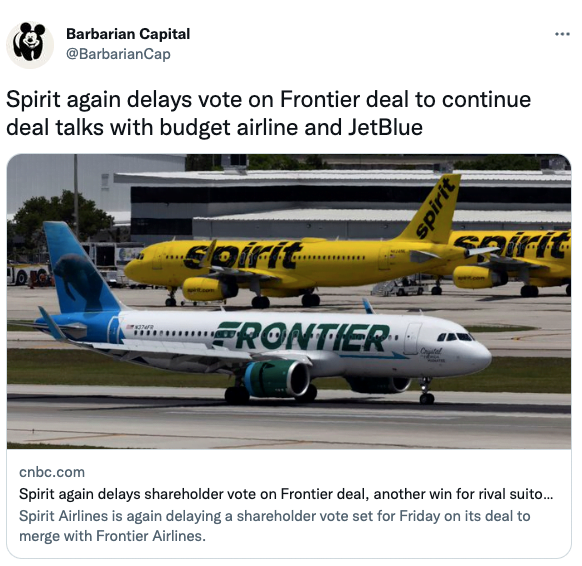 Spirit again delays vote on Frontier deal to continue deal talks with budget airline and JetBlue