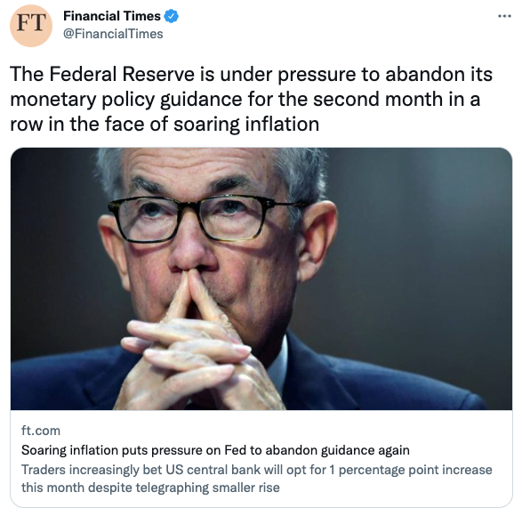 The Federal Reserve is under pressure to abandon its monetary policy guidance for the second month in a row in the face of soaring inflation