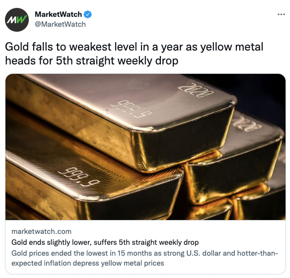 Gold falls to weakest level in a year as yellow metal heads for 5th straight weekly drop