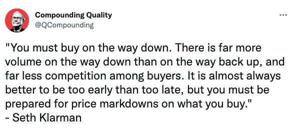 You must buy on the way down. There is far more volume on the way down than on the way back up