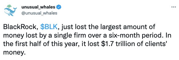 BlackRock, $BLK, just lost the largest amount of money lost by a single firm over a six-month period.