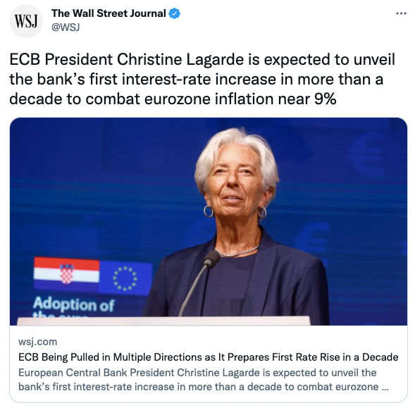 ECB President Christine Lagarde is expected to unveil the bank’s first interest-rate increase in more than a decade to combat eurozone inflation near 9%
