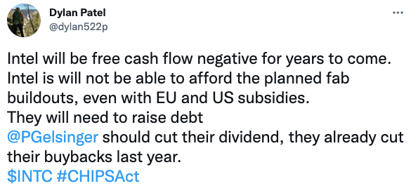 Intel will be free cash flow negative for years to come.