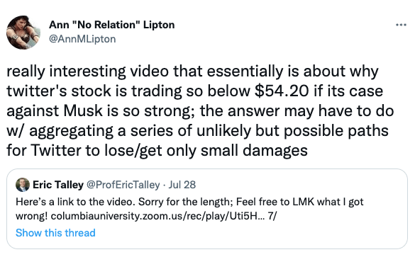 really interesting video that essentially is about why twitter's stock is trading so below $54.20