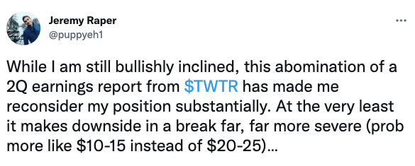 While I am still bullishly inclined, this abomination of a 2Q earnings report from $TWTR has made me reconsider my position substantially.