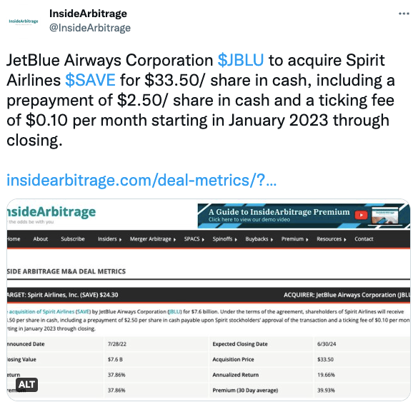 JetBlue Airways Corporation $JBLU to acquire Spirit Airlines $SAVE for $33.50/ share in cash