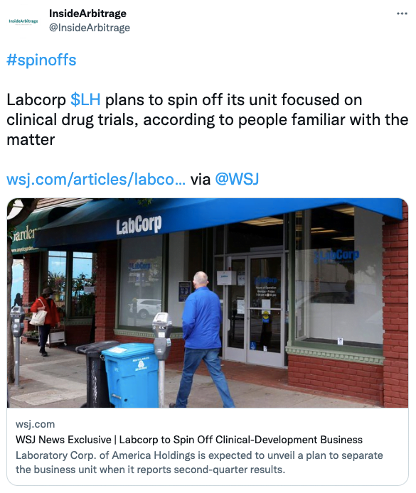 Labcorp $LH plans to spin off its unit focused on clinical drug trials, according to people familiar with the matter 