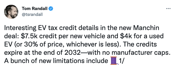 Interesting EV tax credit details in the new Manchin deal