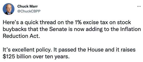 A quick thread on the 1% excise tax on stock buybacks that the Senate is now adding to the Inflation Reduction Act.