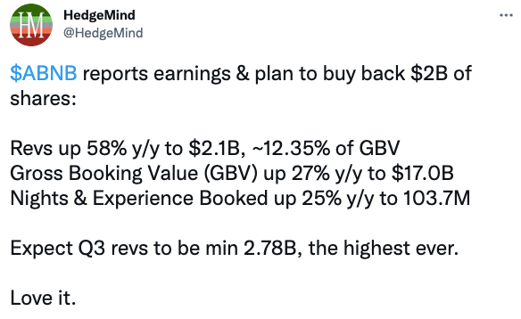 $ABNB reports earnings & plan to buy back $2B of shares