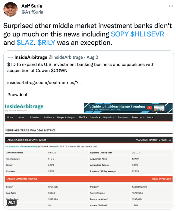 Surprised other middle market investment banks didn't go up much on this news