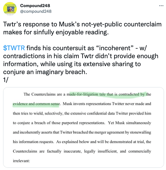 Twtr’s response to Musk’s not-yet-public counterclaim makes for sinfully enjoyable reading.