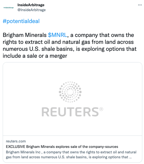 Brigham Minerals $MNRL, a company that owns the rights to extract oil and natural gas from land across numerous U.S. shale basins, is exploring options that include a sale or a merger