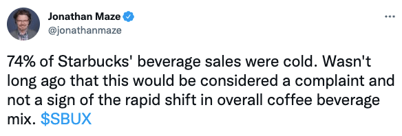 74% of Starbucks' beverage sales were cold.