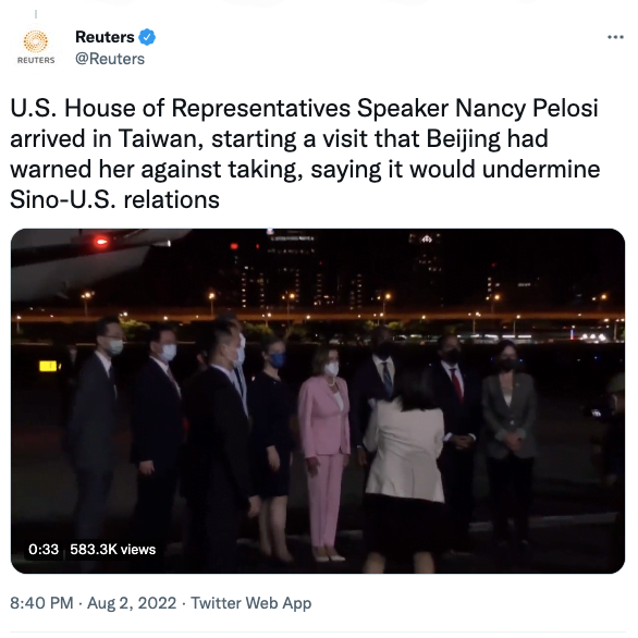 U.S. House of Representatives Speaker Nancy Pelosi arrived in Taiwan