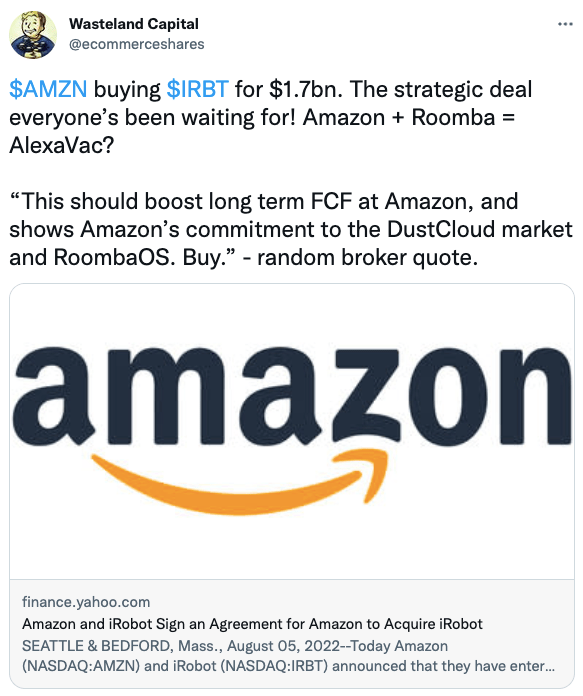 $AMZN buying $IRBT for $1.7bn.