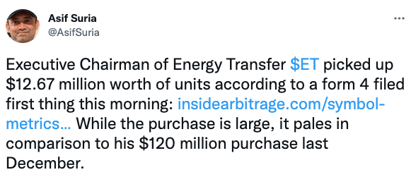 Executive Chairman of Energy Transfer $ET picked up $12.67 million worth of units