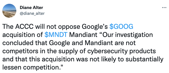 The ACCC will not oppose Google’s $GOOG acquisition of $MNDT Mandiant