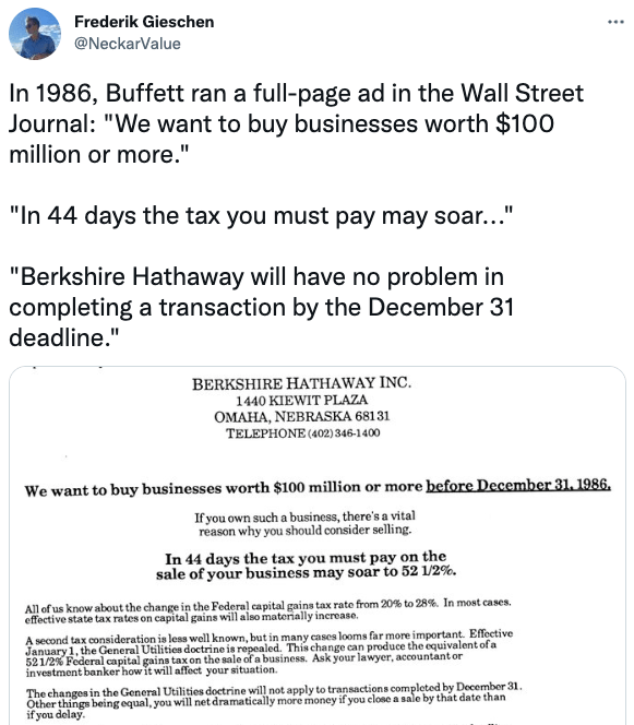 In 1986, Buffett ran a full-page ad in the Wall Street Journal