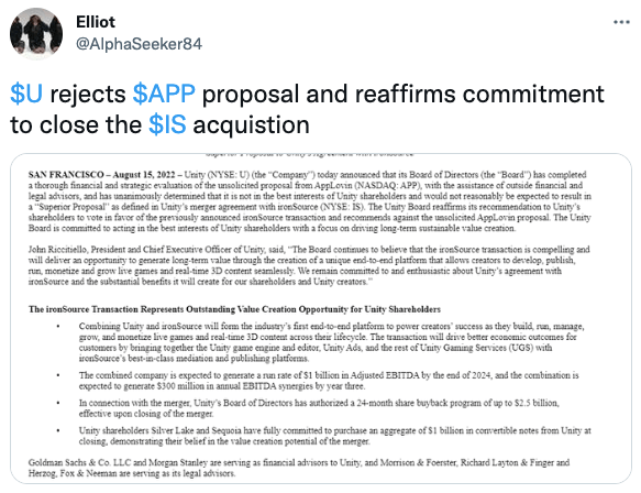 $U rejects $APP proposal and reaffirms commitment to close the $IS acquistion