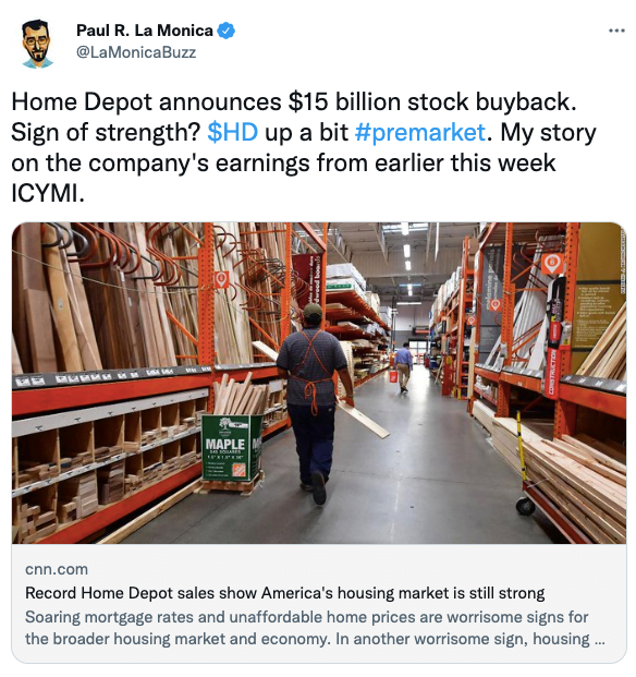 Home Depot announces $15 billion stock buyback.