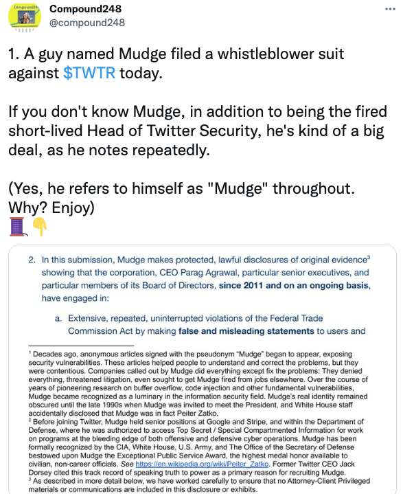 A guy named Mudge filed a whistleblower suit against $TWTR
