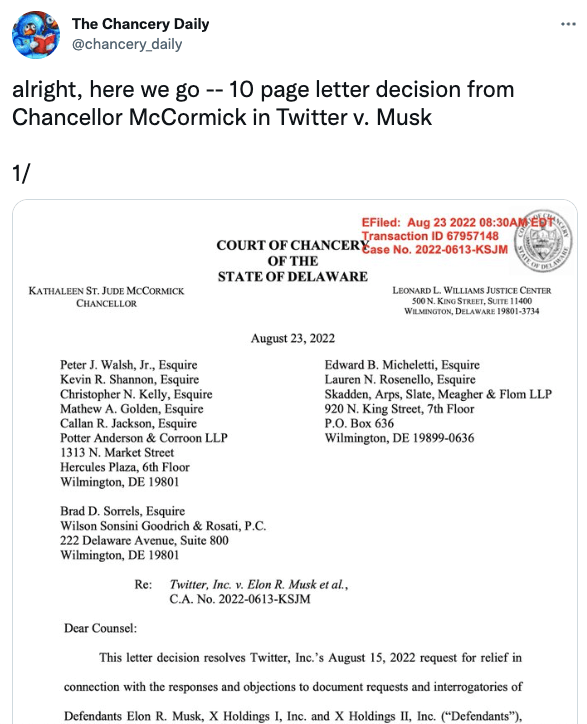 10 page letter decision from Chancellor McCormick in Twitter v. Musk