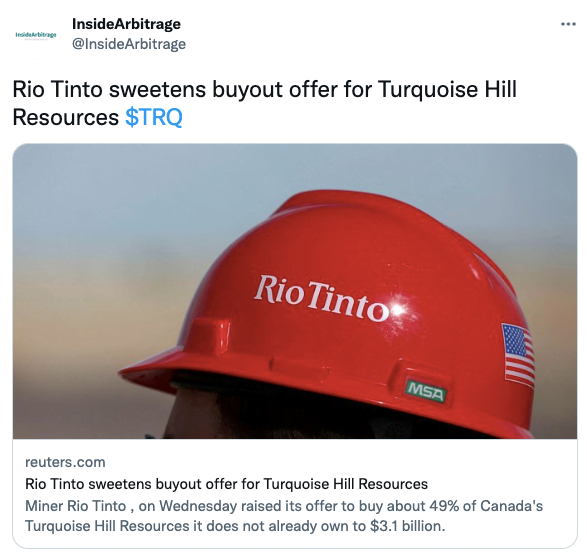 Rio Tinto sweetens buyout offer for Turquoise Hill Resources $TRQ