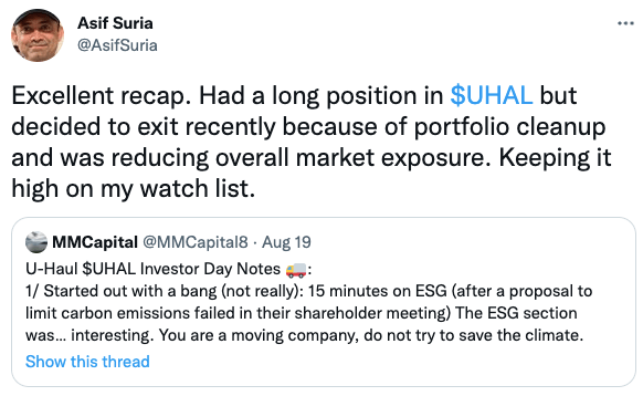 Had a long position in $UHAL but decided to exit recently because of portfolio cleanup