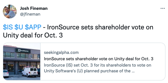 IronSource sets shareholder vote on Unity deal for Oct. 3