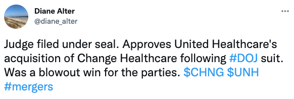 Judge filed under seal. Approves United Healthcare's acquisition of Change Healthcare following #DOJ suit.