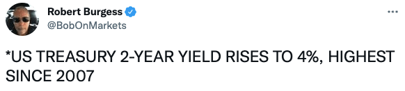 US TREASURY 2-YEAR YIELD RISES TO 4%, HIGHEST SINCE 2007