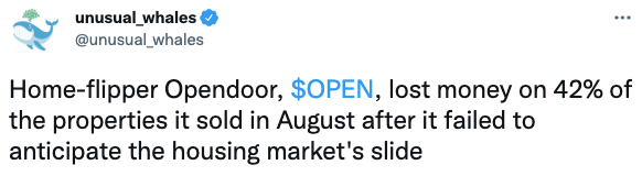 Home-flipper Opendoor, $OPEN, lost money on 42% of the properties it sold in August after it failed to anticipate the housing market's slide
