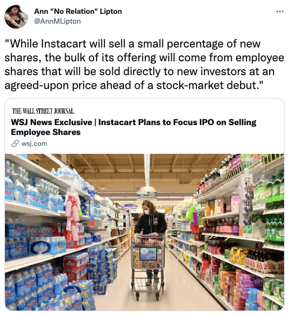 While Instacart will sell a small percentage of new shares, the bulk of its offering will come from employee shares that will be sold directly to new investors at an agreed-upon price ahead of a stock-market debut