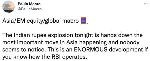 The Indian rupee explosion tonight is hands down the most important move in Asia happening and nobody seems to notice.