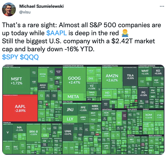 Almost all S&P 500 companies are up today while $AAPL is deep in the red