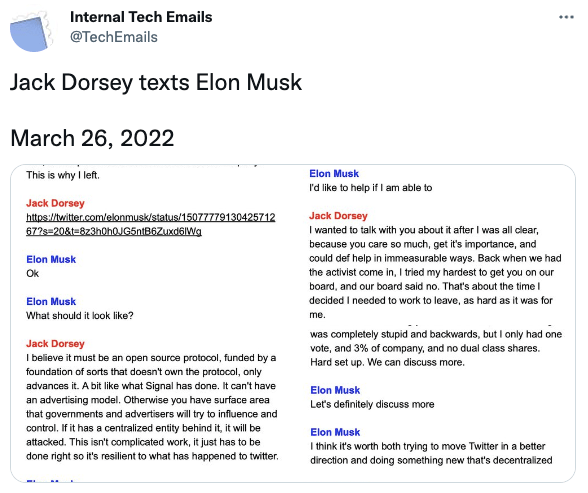 Jack Dorsey texts Elon Musk