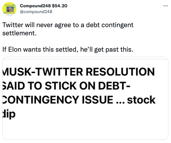 Twitter will never agree to a debt contingent settlement. 