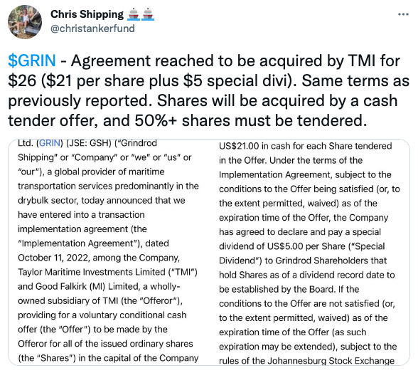 $GRIN to be acquired by TMI