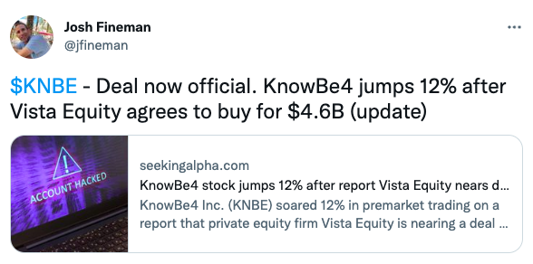 KnowBe4 jumps 12% after Vista Equity agrees to buy for $4.6B