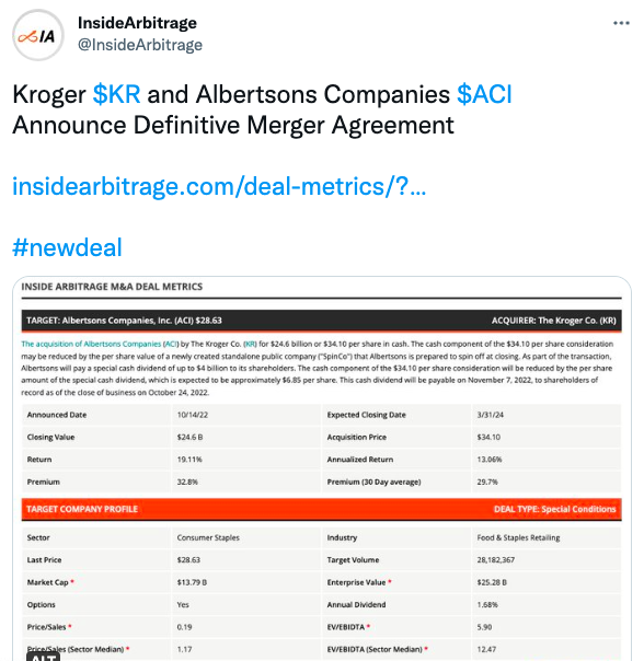 Kroger $KR and Albertsons Companies $ACI Announce Definitive Merger Agreement