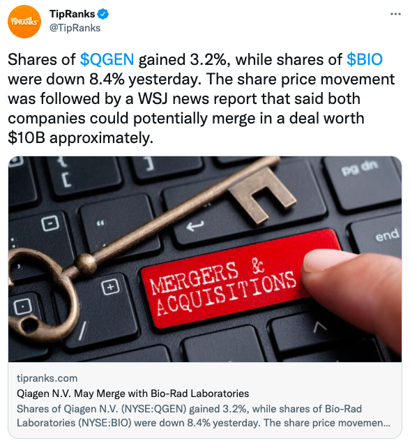 Shares of $QGEN gained 3.2%, while shares of $BIO were down 8.4% yesterday. The share price movement was followed by a WSJ news report that said both companies could potentially merge in a deal worth $10B approximately.