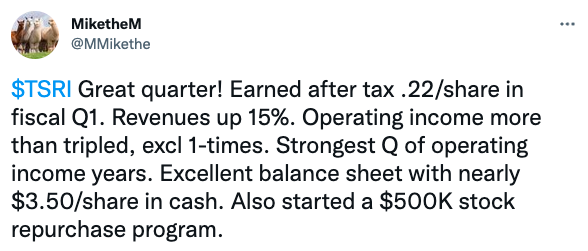 $TSRI Great quarter! Earned after tax .22/share in fiscal Q1. 
